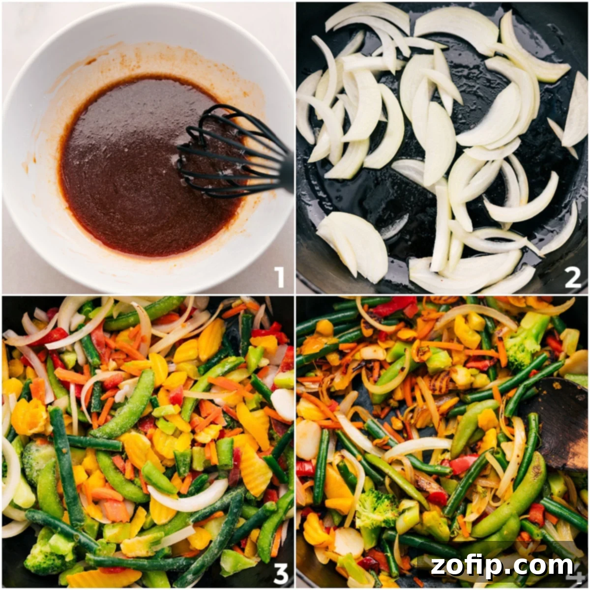 Step-by-step image showing the stir-fry sauce being whisked in a small bowl and colorful vegetables sautéing in a hot skillet for the Rotisserie Chicken Stir-Fry recipe.