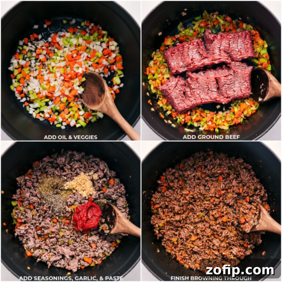 The Best One Pot Spaghetti Prep Oil, mirepoix, ground beef, seasonings, garlic, and tomato paste being added to a large pot for One Pot Spaghetti.