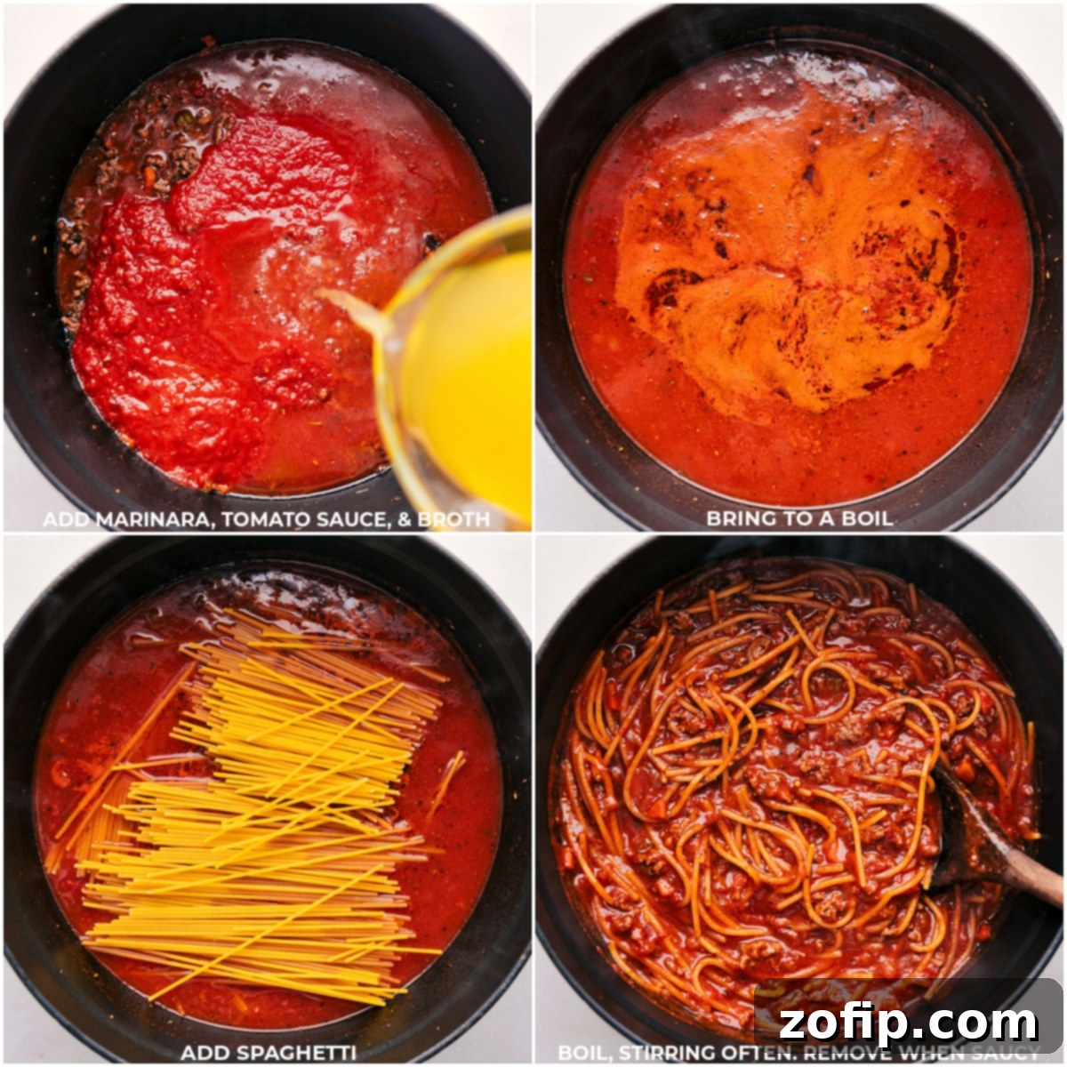 Easy One Pot Spaghetti Cooking Steps Marinara, tomato sauce, broth, and broken spaghetti being added to the pot for this One Pot Spaghetti recipe.
