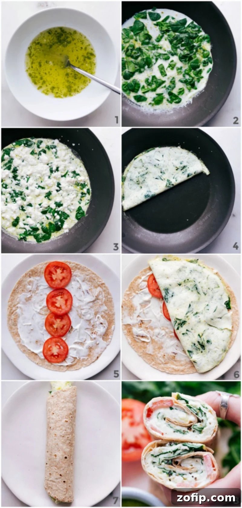 Step-by-step preparation of egg white wraps: whisking egg whites with pesto, adding fresh spinach, and expertly rolling the cooked mixture into a warm tortilla for a delicious meal.