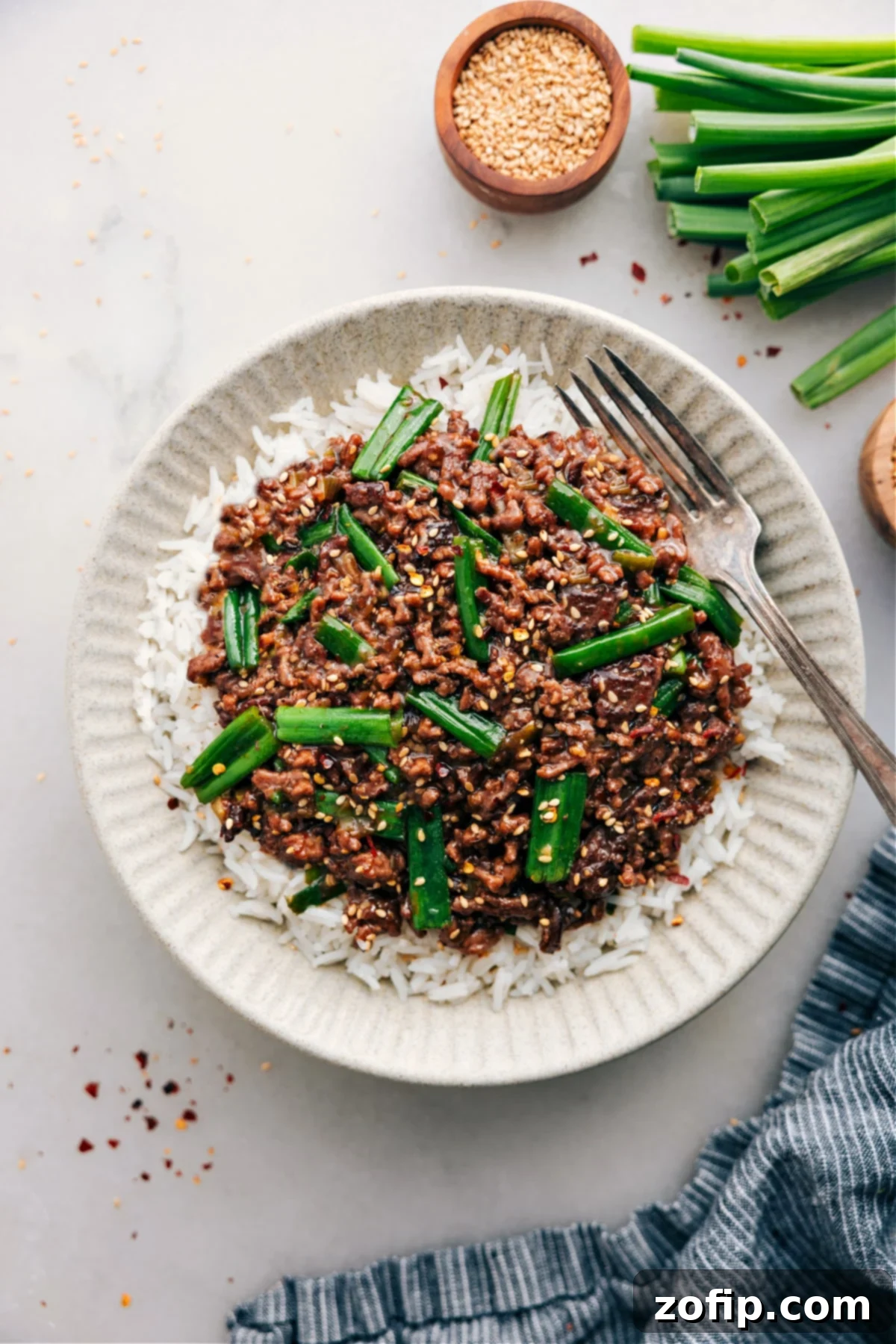 Mongolian Ground Beef served over steaming white rice, garnished with fresh green onions, ready to be enjoyed.