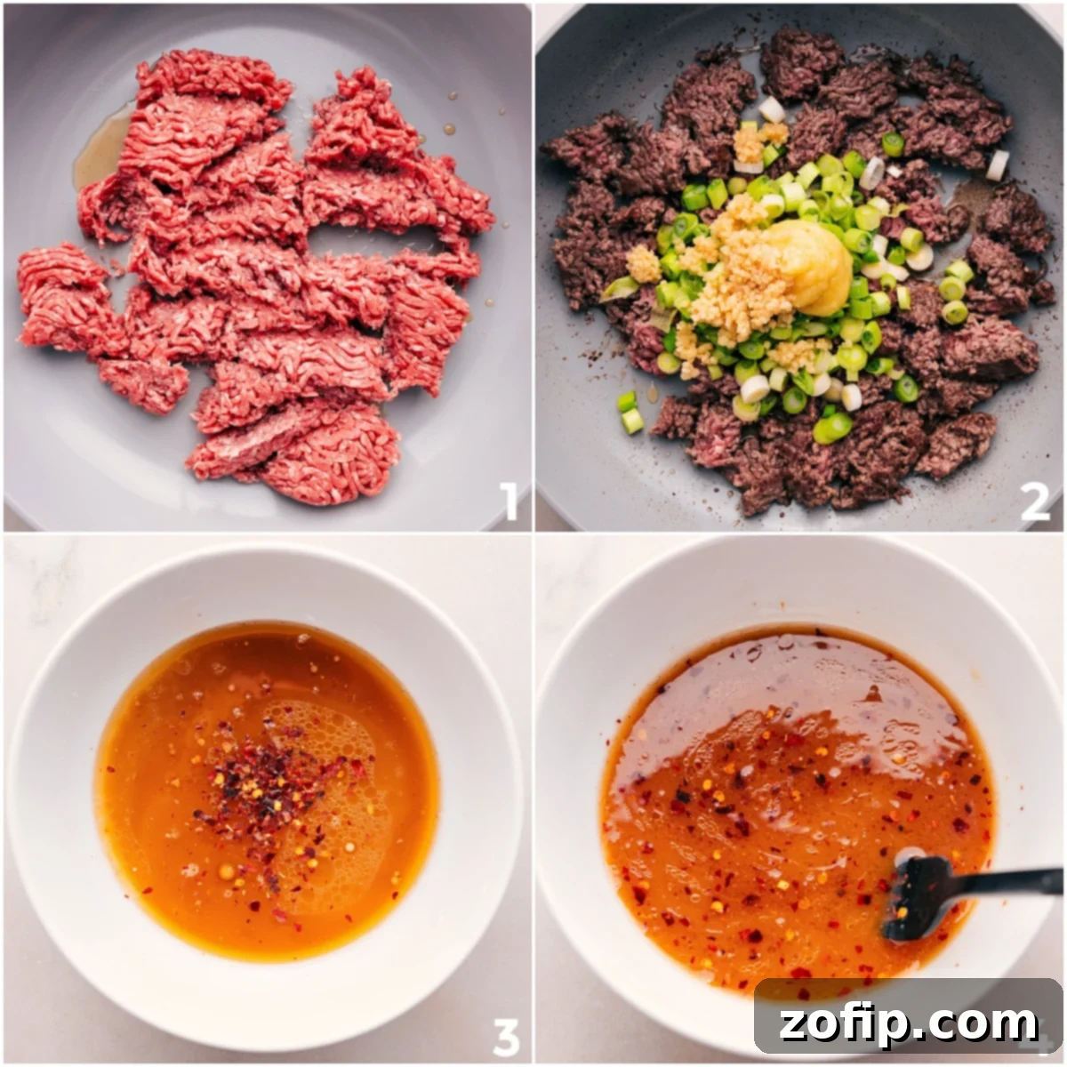 The process of making Mongolian Ground Beef, showing browning beef, adding aromatics, and whisking the stir-fry sauce ingredients separately.