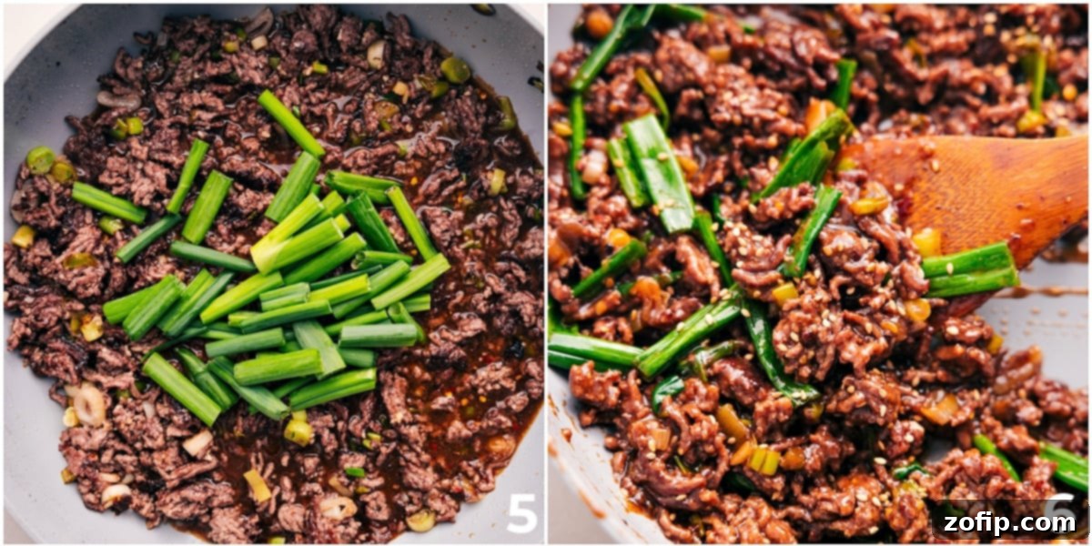 Mongolian Ground Beef simmering in a pot, with fresh green onions being stirred in, creating a vibrant and aromatic dish.