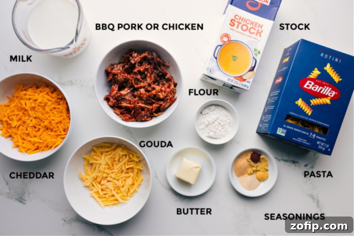 All the essential ingredients prepped and ready for easy assembly: savory pulled pork or chicken, creamy milk, sharp cheddar, smoky gouda, all-purpose flour, rich butter, a blend of aromatic seasonings, rotini pasta, and flavorful chicken stock.
