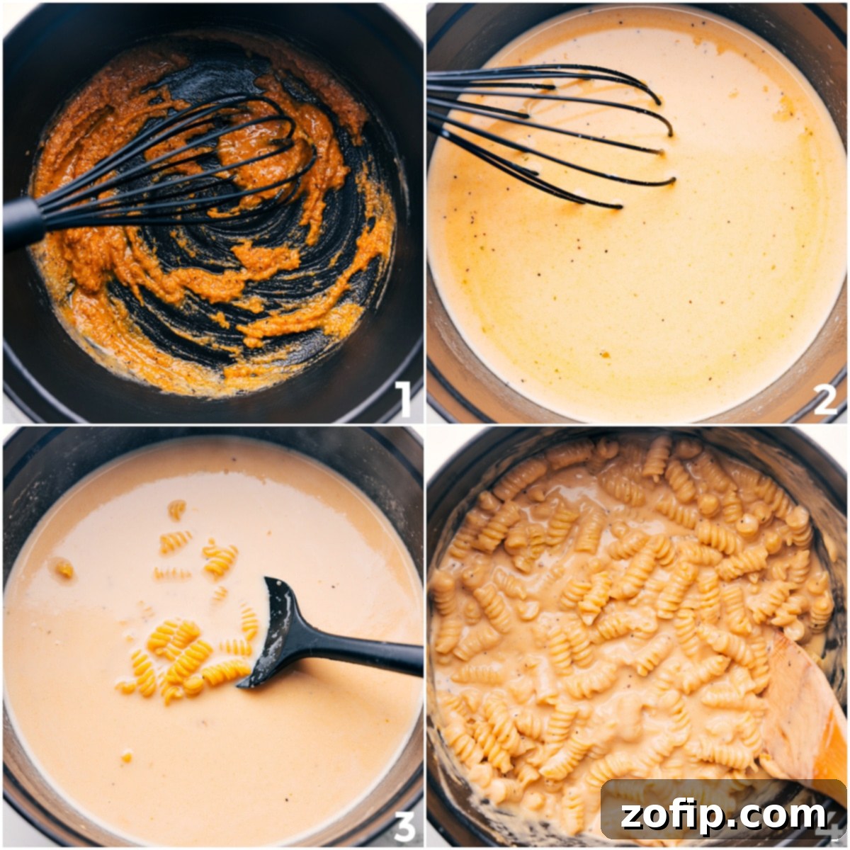 The creamy, bubbling sauce is whisked in a large pot, with rotini pasta added to cook directly within the flavorful mixture, setting the stage for a delicious and cheesy one-pot BBQ Mac and Cheese.