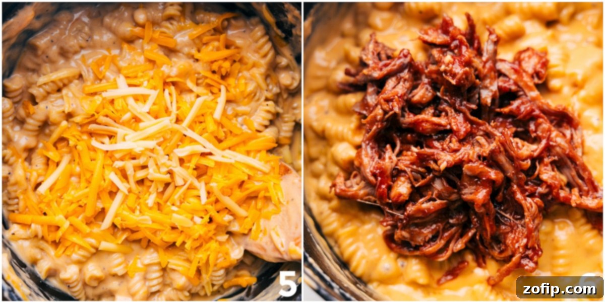 Close-up of the comforting and delicious BBQ Mac and Cheese, freshly made in one pot with additional cheese and shredded BBQ meat stirred in.