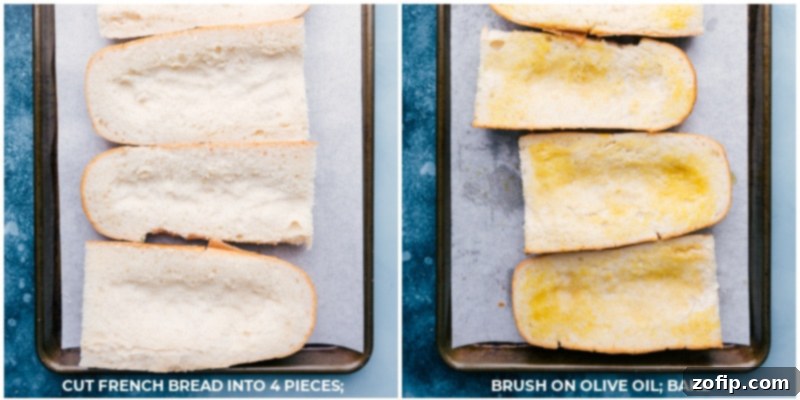 Process shot showing French bread slices brushed with olive oil and partially baked on a sheet pan, ready for toppings.
