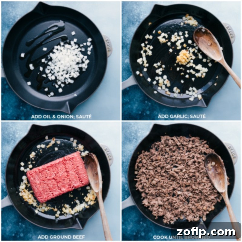 Process shot of cooking taco meat: diced onions and garlic are sautéed in olive oil, followed by browning ground beef in a skillet.