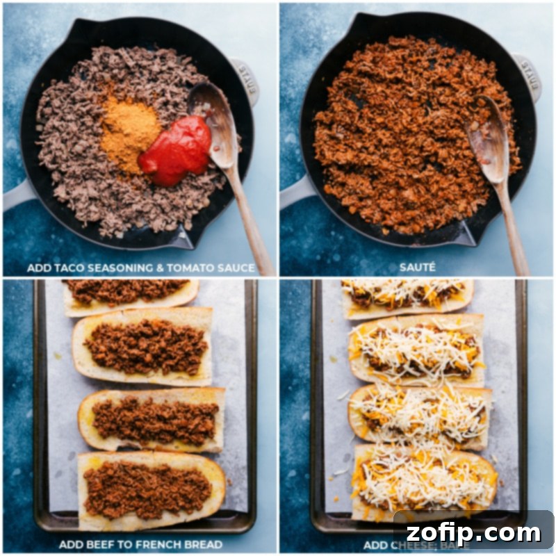 Process shot of assembling French Bread Taco Pizza: seasoned taco meat is spread onto toasted French bread, then topped with shredded cheese before the final bake.