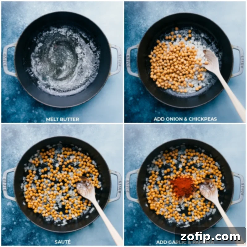 Follow these easy steps: melt unsalted butter, add diced yellow onion and drained garbanzo beans, sauté until butter browns and onions are translucent, then stir in paprika and minced garlic for an aromatic base. Process steps: Melting butter, adding onion and chickpeas, sautéing until golden, then incorporating paprika and garlic.