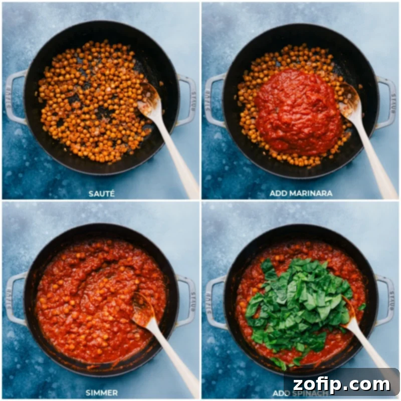 Continue cooking the garbanzo beans in a skillet, then add the flavorful marinara sauce and let it simmer until thickened. Finish by folding in fresh spinach until it gently wilts, creating a vibrant and hearty bean mixture. Process steps: Sautéing chickpeas and onions, adding marinara and simmering, then stirring in spinach until wilted.