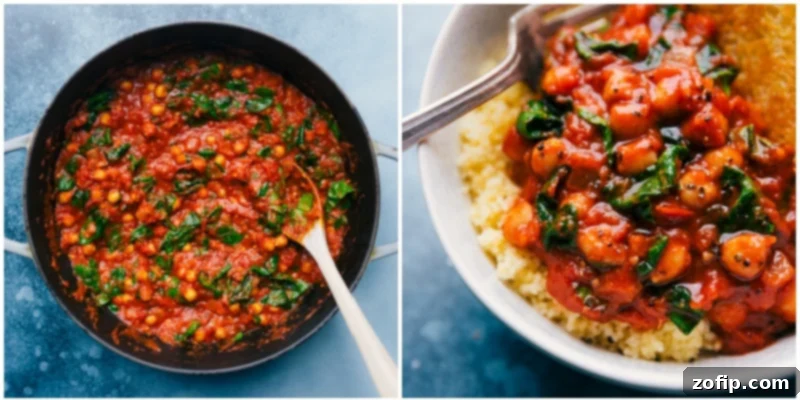 Showcasing our versatile Beans On Toast recipe: freshly cooked beans simmering in the pan, and a beautifully plated portion served over fluffy couscous, garnished and ready to enjoy. A dish of Beans on Toast in the cooking pan and another serving presented on a bed of couscous with garnishes.