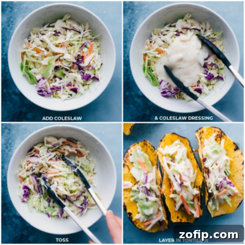 Step-by-step process: mixing coleslaw with dressing, tossing the ingredients, and loading the prepared mixture into warm, charred tortillas.