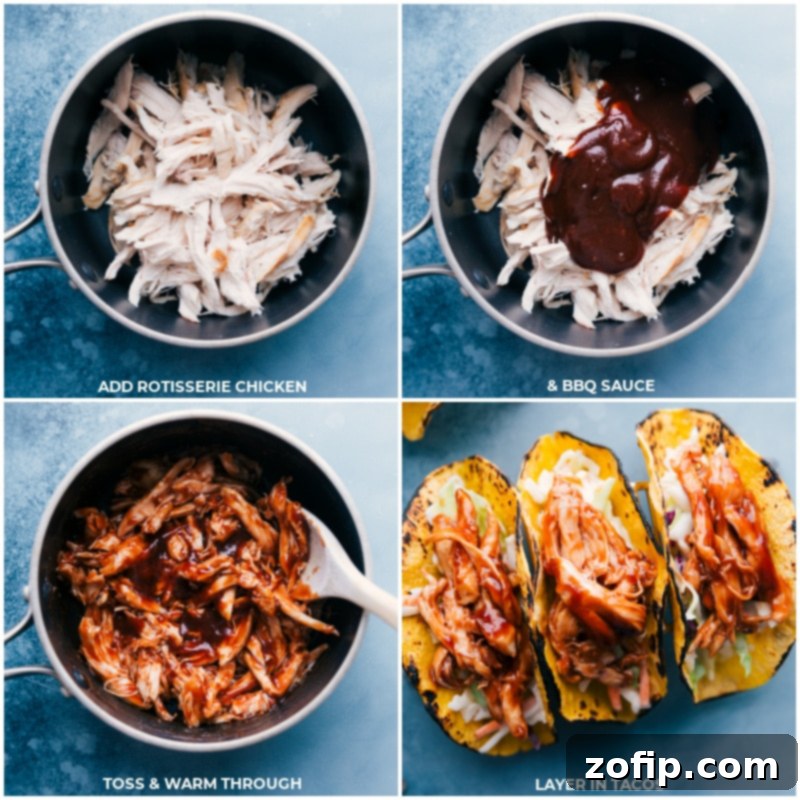 Process shots: shredded chicken mixed with BBQ sauce in a pan, warmed through, and then generously added onto prepared tortillas with coleslaw and corn.