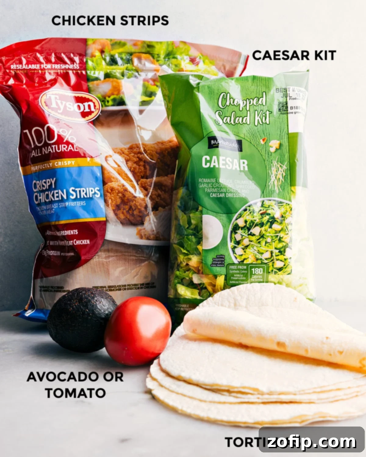 Essential Ingredients for Chicken Caesar Wraps All the ingredients for this recipe set out for easy assembly.