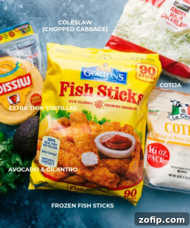 Detailed shot of all the fresh ingredients for Fish Stick Tacos, including fish sticks, tortillas, and slaw components.