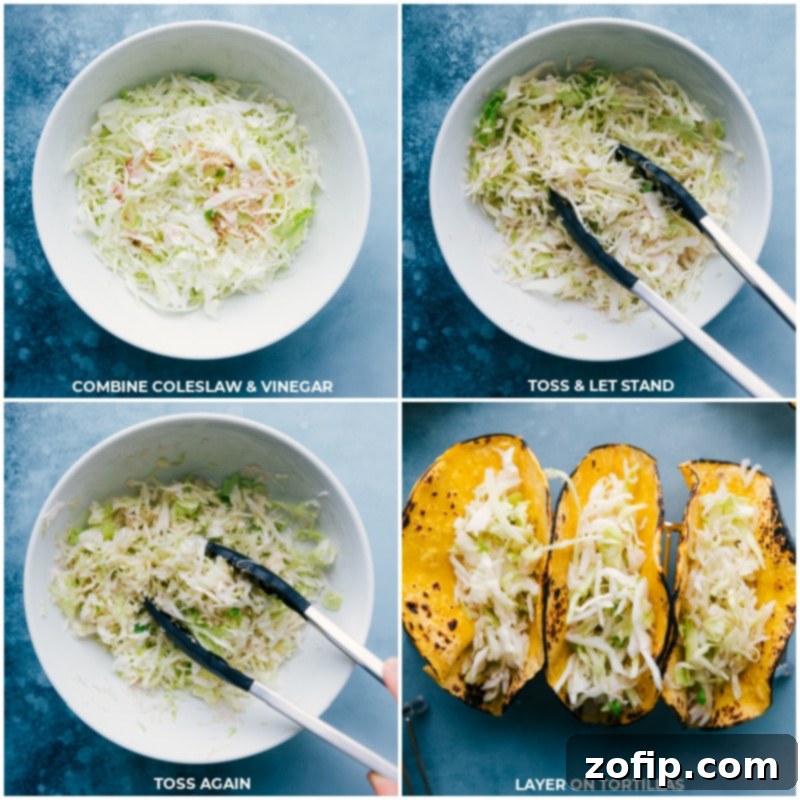 Step-by-step process of mixing coleslaw and layering fish sticks into corn tortillas for tacos.