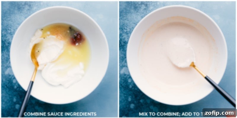 Process images showing the preparation of the creamy and zesty lime crema for Fish Stick Tacos.