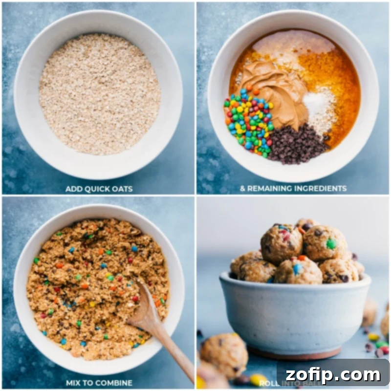 Follow these easy steps to create homemade Monster Energy Balls: a quick, simple, and satisfying no-bake treat perfect for any time of day! Step-by-step process of making Monster Energy Balls: images show oats, peanut butter, honey, and M&M's being mixed in a bowl, then rolled into perfect snack bites.