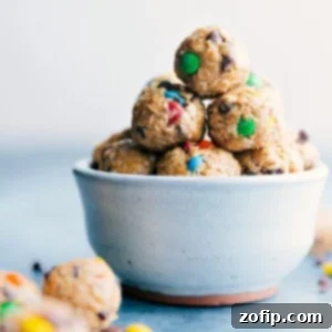 Supercharged Energy Bites 3 Close-up of Monster Energy Balls, showcasing the vibrant M&M's and rich peanut butter texture.