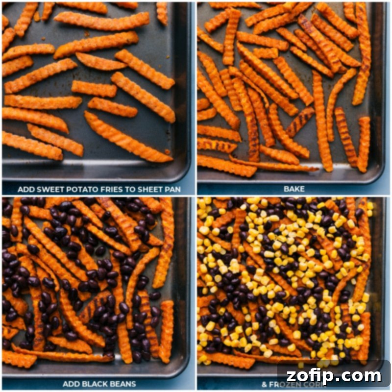 Steps for making Sweet Potato Nachos: roast fries, then layer with beans, corn, and cheese for a perfectly baked finish. Process images showing sweet potato fries roasting, then topped with black beans, corn, and cheese before final baking.