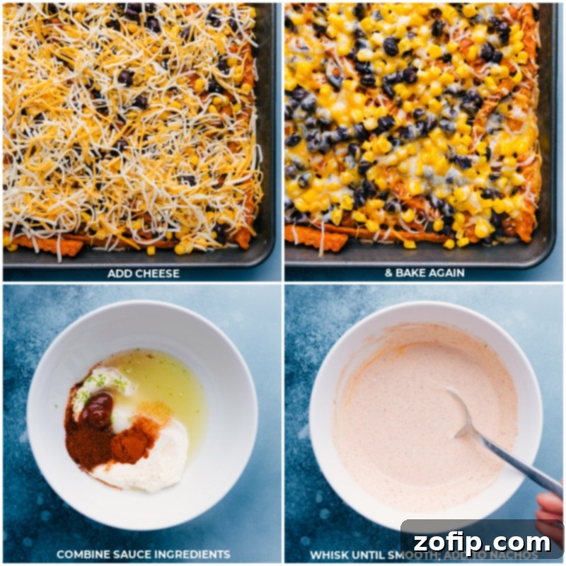 Completing Sweet Potato Nachos: melt cheese, then whisk together the vibrant chili-lime sauce for a perfect finishing touch. Process images showing cheese being added to sweet potato nachos, continued baking, and the chili-lime sauce being prepared in a bowl.