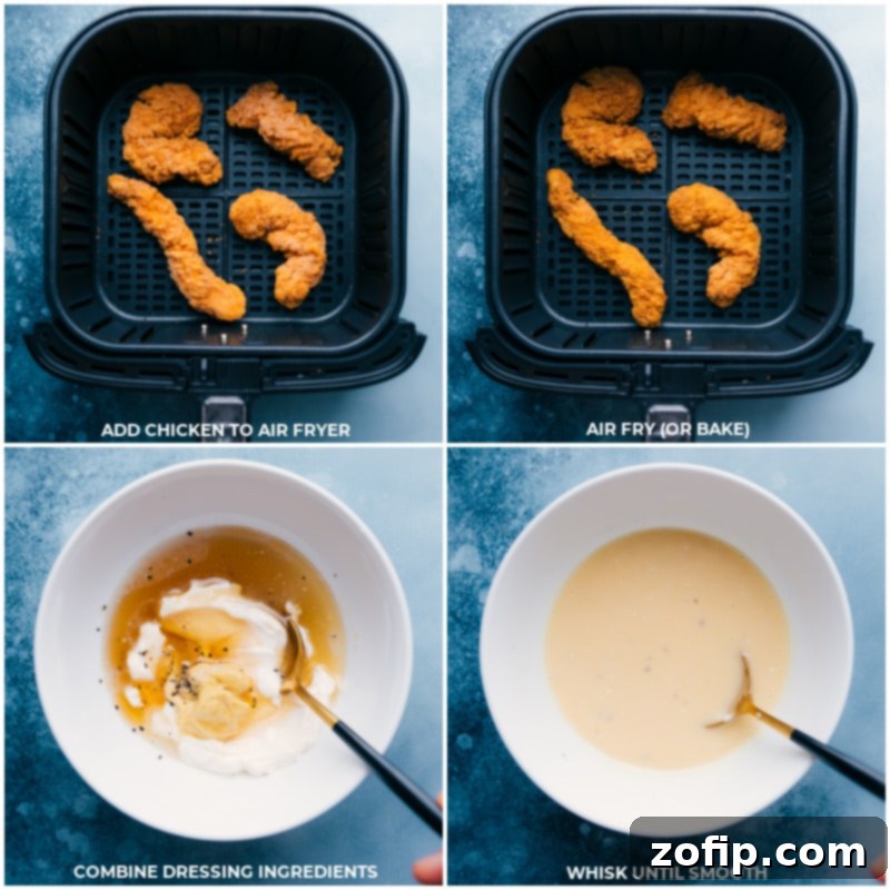 Process shots--cooking the chicken; combining the dressing ingredients; whisking until smooth.