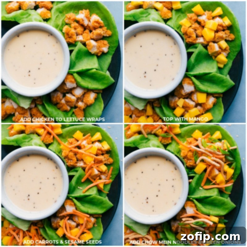Process shots--Add chicken to the lettuce wraps; top with mango; add carrots and sesame seeds; add chow mein noodles and green onions.