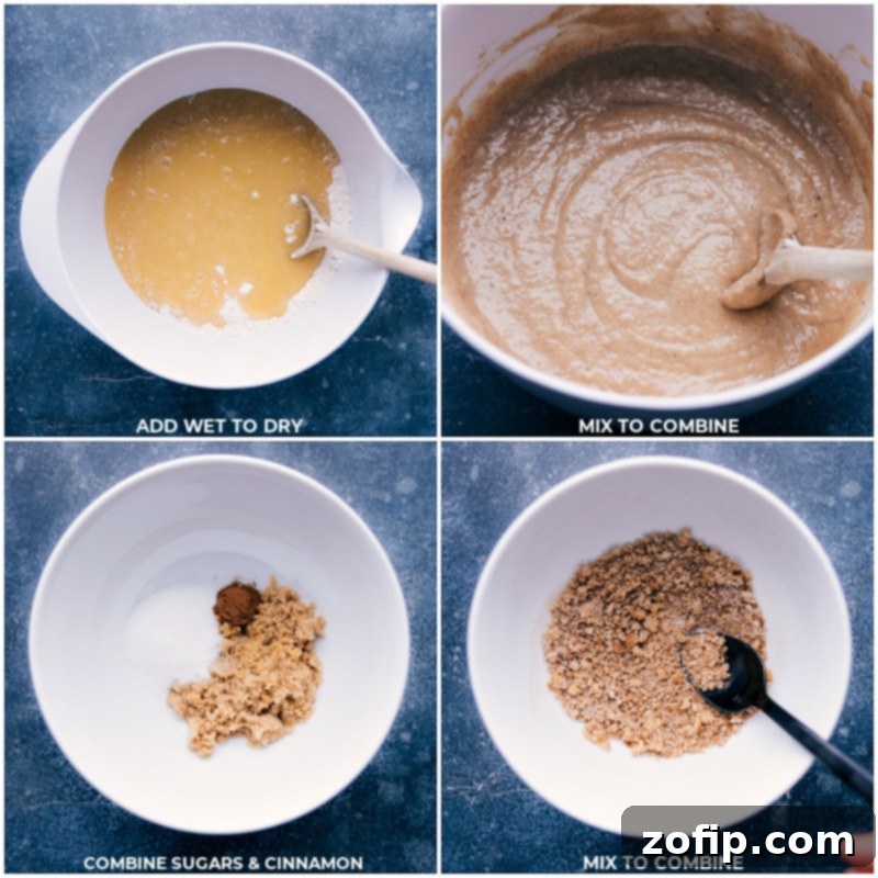 Process shots showing the combined wet and dry ingredients forming the batter, and then the optional sugar and cinnamon topping being mixed in a small bowl.