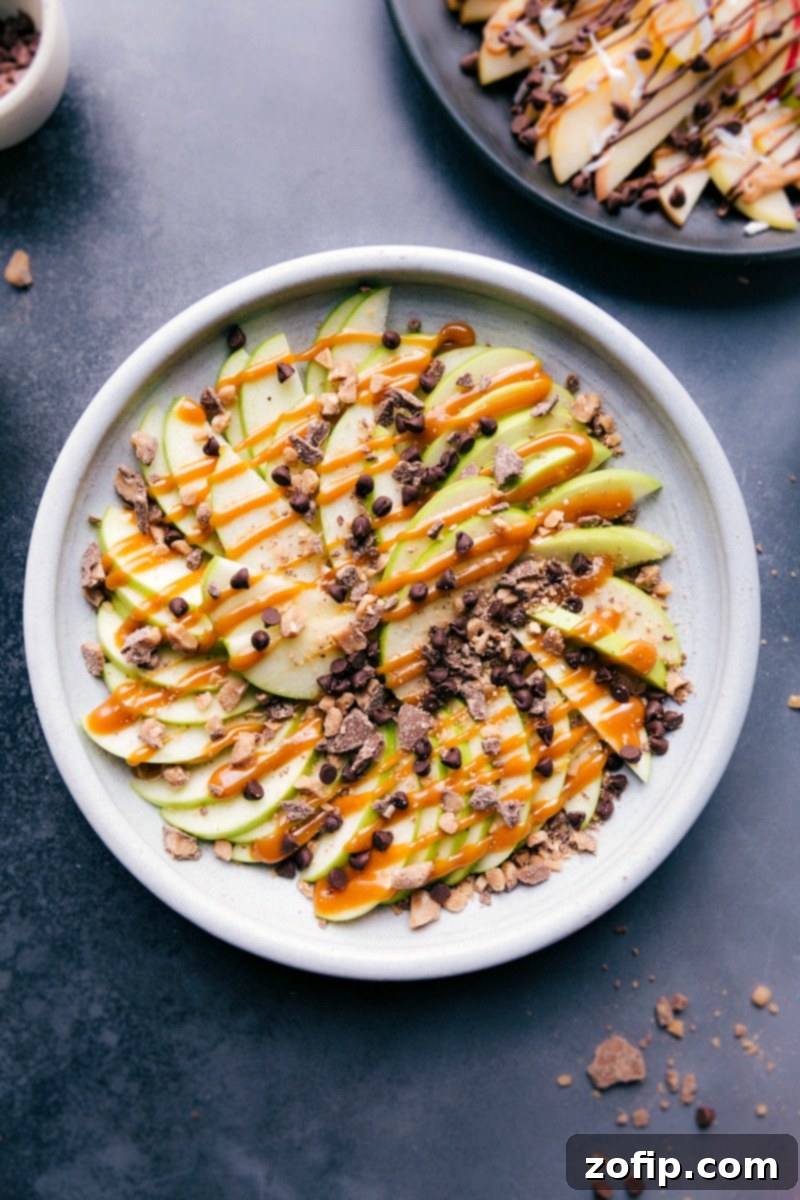 Overhead image of Heath Toffee Apple Nachos, featuring a rich caramel and chocolate drizzle with crunchy toppings.