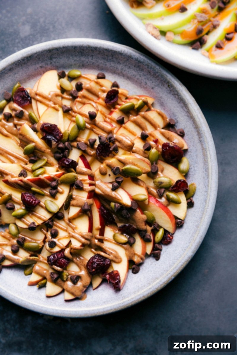 Overhead image of almond butter, pumpkin seed, and cranberry Apple Nachos, highlighting a healthy and flavorful combination.