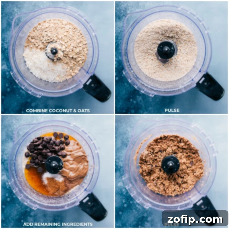 Simple Steps to Create Wholesome Blueberry Energy Bites in Your Food Processor. Step-by-step process of making Blueberry Energy Bites, showing ingredients being mixed in a food processor.