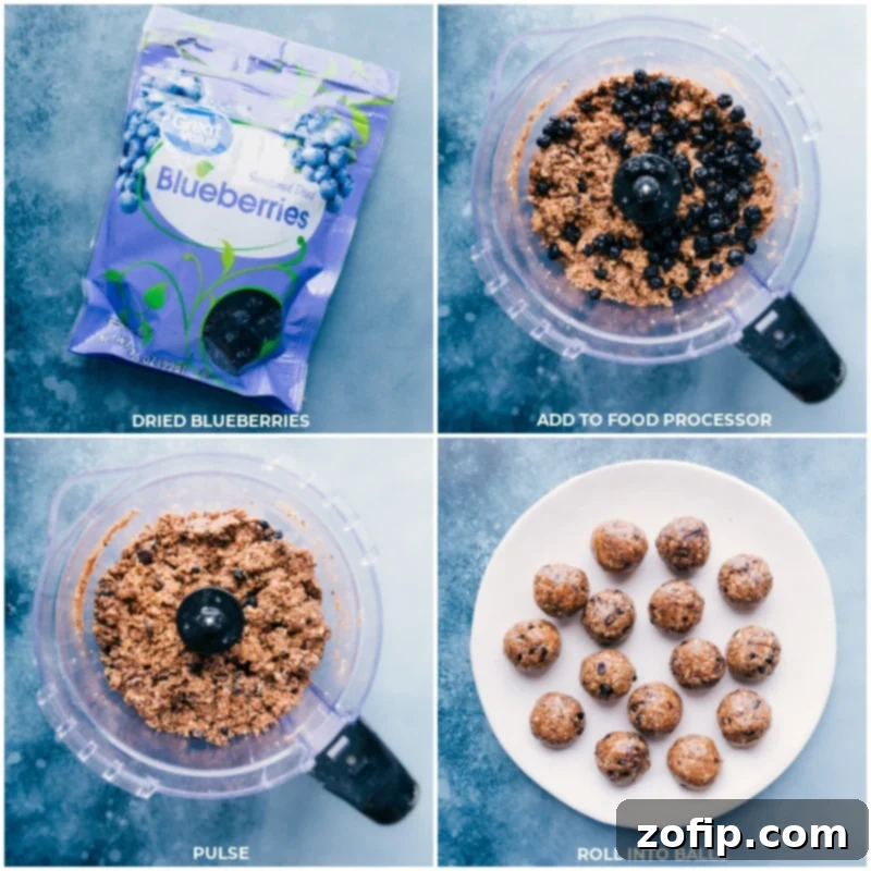 Easy Rolling: The Final Touches for Your Homemade Blueberry Energy Bites. Final steps of making Blueberry Energy Bites: processing dried blueberries with other ingredients, then rolling the mixture into neat balls.