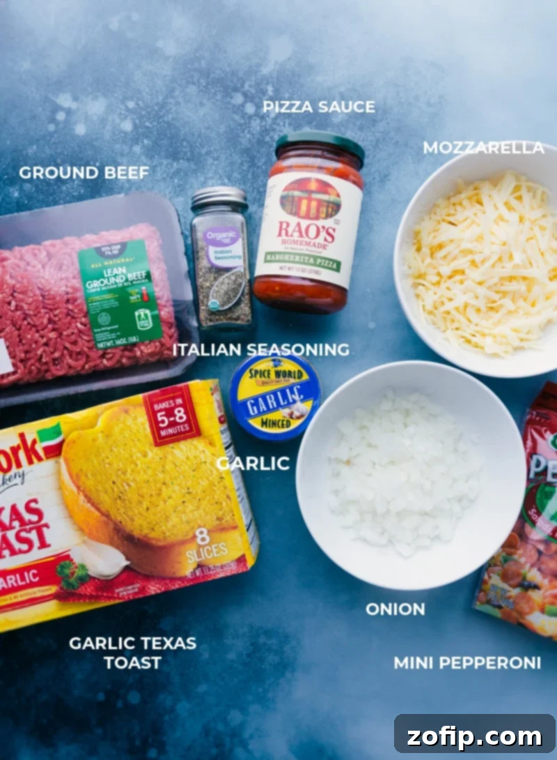Texas Toast Pizza: All ingredients laid out, from frozen garlic toast to savory ground beef, rich pizza sauce, and shredded mozzarella. A vibrant display of fresh ingredients used to make Texas Toast Pizza, including ground beef, mozzarella, pizza sauce, Texas toast, onions, and seasonings.