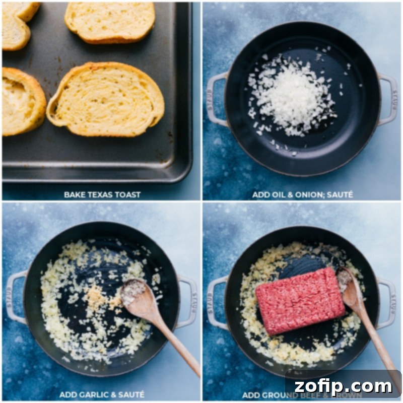 Making Texas Toast Pizza: A visual guide to preparing the crispy garlic toast and savory meat sauce for an easy family meal. #dinner #quick #easy #simple #best #pepperoni #meat #groundbeef #texas #toast #pizza Step-by-step process of making Texas Toast Pizza: Toasting bread, sautéing onions in a pan with olive oil, then adding garlic and ground beef to brown.