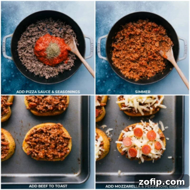 Final steps of Texas Toast Pizza: From simmering the meat sauce to topping with cheese and pepperoni, then baking to gooey perfection. Process shots of Texas toast pizza: Adding pizza sauce and seasonings to cooked ground beef, simmering, topping the toasted bread with the mixture, then adding mozzarella and pepperoni before baking.