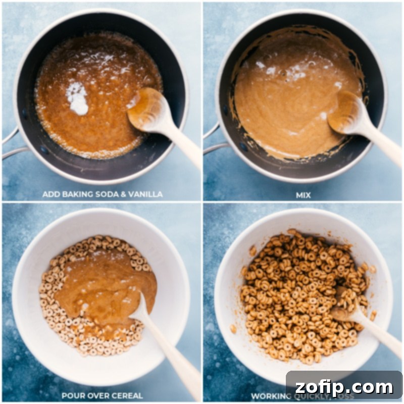 The transformation begins! Incorporating baking soda and vanilla into the caramel, then swiftly coating the Cheerios. Churro Cheerios are the best treat! Recipe via ChelseasMessyApron.com #caramelcoating #baking #cerealtransform #homemade Process shots showing baking soda and vanilla added to the syrup mixture, followed by mixing, then pouring the mixture over cereal and quickly tossing to combine.
