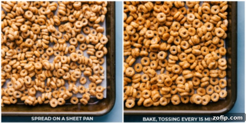 Baking Churro Cheerios to golden perfection, stirring periodically for even crispness. The perfect after-school snack! Recipe via ChelseasMessyApron.com #baking #crispycereal #snackprep #homemadecomfort Coated cereal mixture spread evenly on a sheet pan, ready for baking and subsequent mixing every 15 minutes.