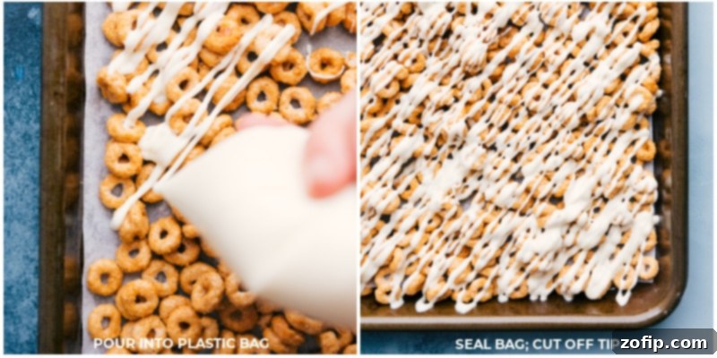 Preparing for the final touch: Transferring melted white chocolate into a piping bag for elegant drizzling over the Churro Cheerios. Sweet Churro Cheerios start with caramel-coated toasted oat cereal that gets drizzled in white chocolate and coated in cinnamon sugar. It's an explosion of churro flavor with a totally addictive, crunchy texture and just the right amount of sweetness! Recipe via ChelseasMessyApron.com #drizzling #whitechocolatetips #churroflavor #dessertcraft Process shots showing melted white chocolate being poured into a plastic bag, sealed without air, and the tip cut off for drizzling.
