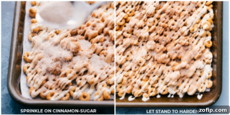 The grand finale: Generously sprinkling cinnamon-sugar over the freshly drizzled white chocolate for the ultimate Churro Cheerios experience. Sweet Churro Cheerios start with caramel-coated toasted oat cereal that gets drizzled in white chocolate and coated in cinnamon sugar. Recipe via ChelseasMessyApron.com #cinnamonsugar #finaltouches #churrosnack #sweetperfection Process shots showing the cinnamon-sugar mixture being sprinkled evenly over the white chocolate-drizzled cereal, then allowed to stand to harden.