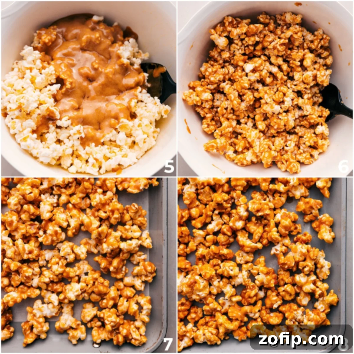 Caramel-coated popcorn spread evenly across a large sheet pan, ready to be baked to achieve its perfect crispy and crunchy texture. The golden caramel glistens over each kernel.