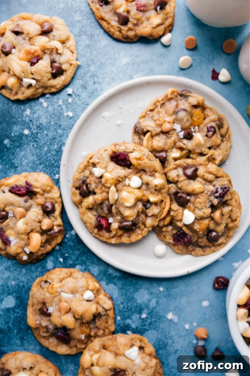 The Best Trail Mix Cookies Recipe Delicious Trail Mix Cookies arranged on a plate, ready to be enjoyed.