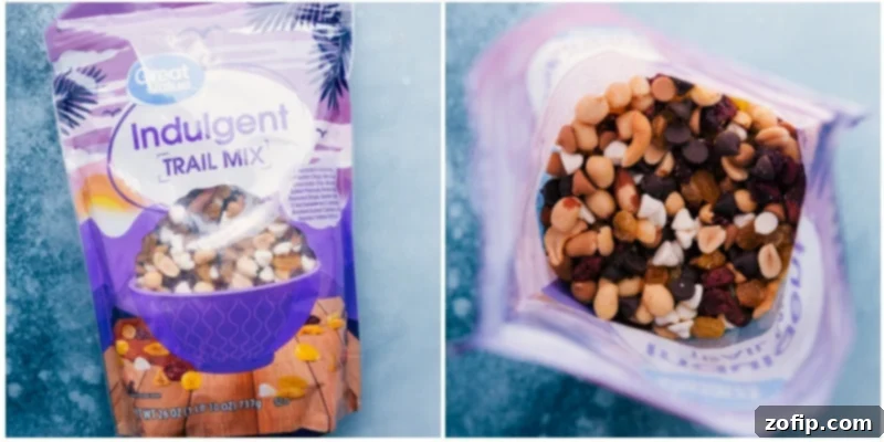 The Best Indulgent Trail Mix To Use In Trail Mix Cookies A close-up of the trail mix ingredients, ready for baking.