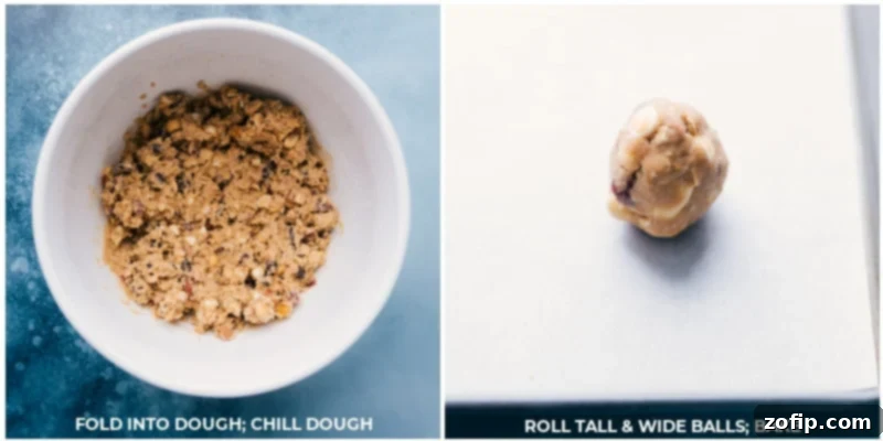 Trailblazer Treats 3 The chilled dough being portioned and rolled into balls for trail mix cookies.