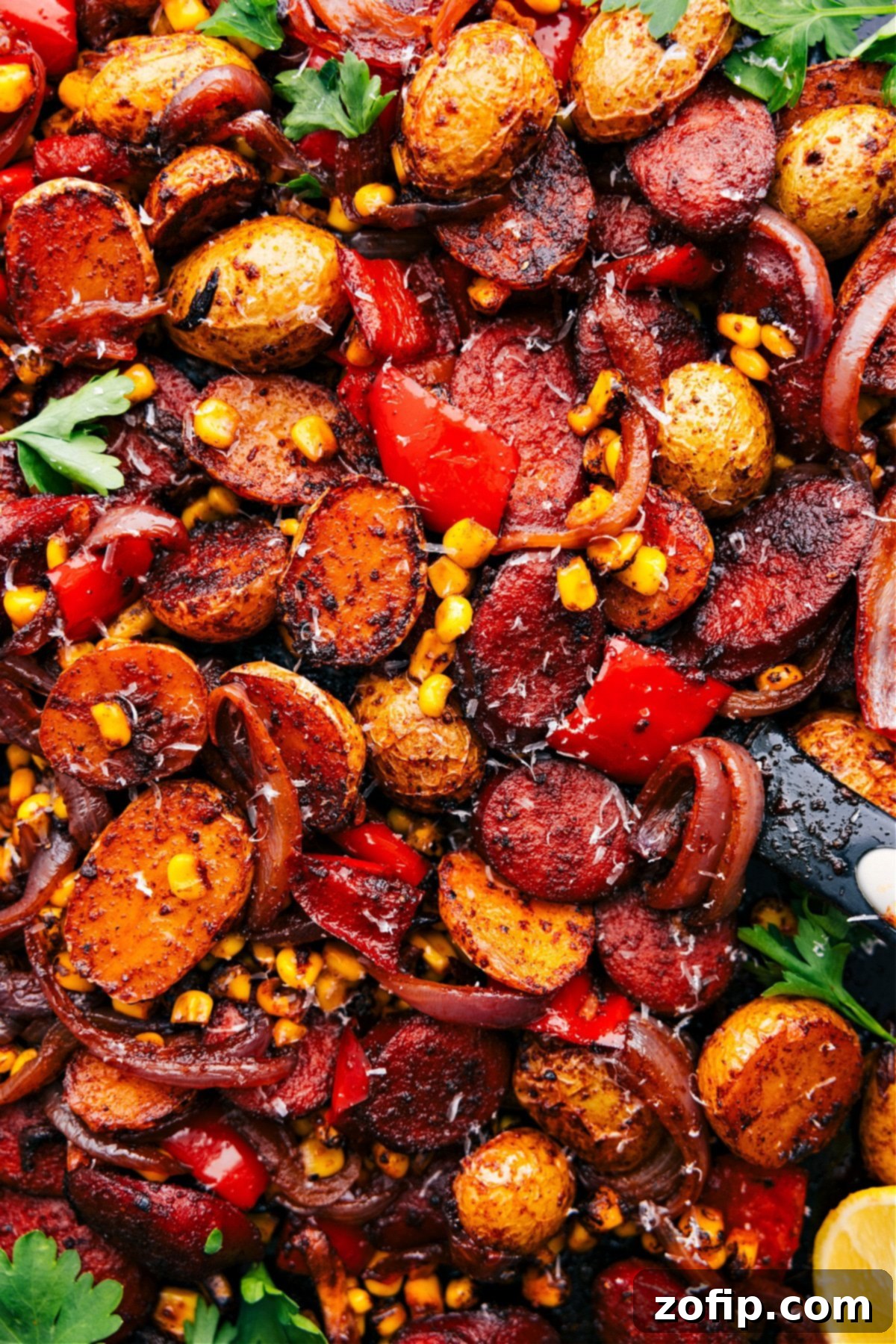 A beautifully arranged sheet pan showcasing a finished one-skillet smoked sausage, crispy potatoes, and sweet corn dish, ready to be served and enjoyed.