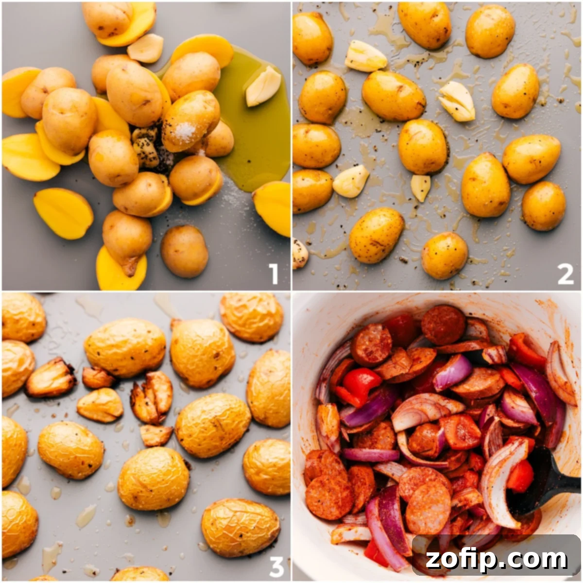 The cooking process for a one-skillet smoked sausage, potatoes, and corn recipe: showing potatoes initially seasoned and roasting, followed by the addition of sausage and other vegetables for combined cooking.