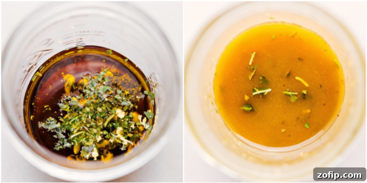 Mixing all the dressing ingredients in a mason jar—honey, olive oil, Dijon mustard, dried basil, and white balsamic vinegar, showing the simple process of creating the dressing.