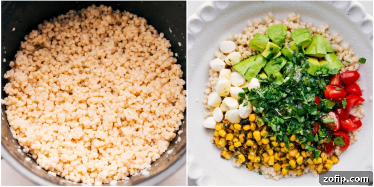 Cooking and fluffing pearl couscous in a pan before adding it to a large bowl with the rest of the Summer Couscous Salad ingredients.