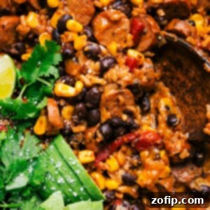 Delicious Sausage and Rice in a skillet, ready to serve