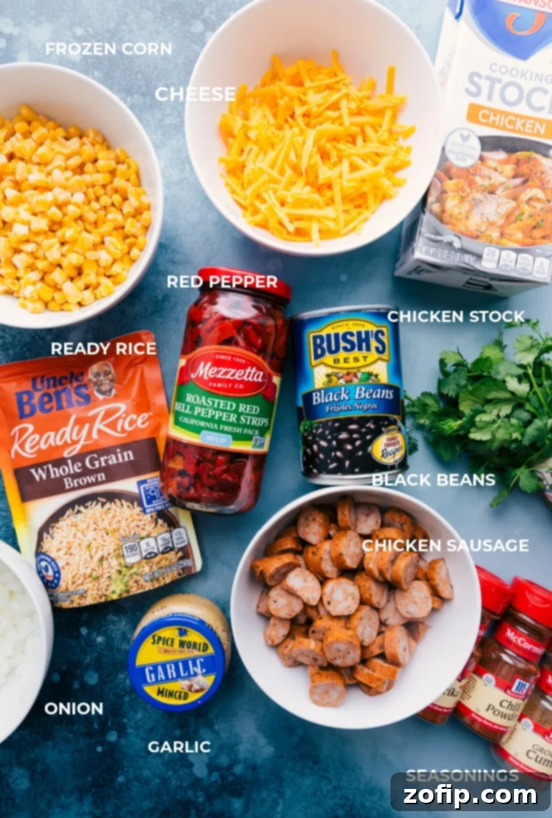 Ingredient shot showing all the fresh and pre-prepared ingredients used in the Sausage and Rice dish